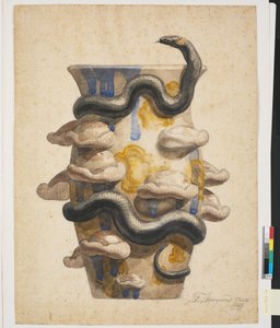 Voorstudie voor vaas versierd met plastisch gevormde slang en paddenstoelen