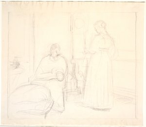 Interieur met klok en zittende en staande vrouw door Joakim Frederik Skovgaard