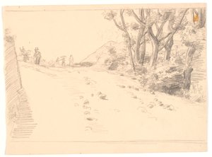 Italiaans landschap met een weg, rechts bomen