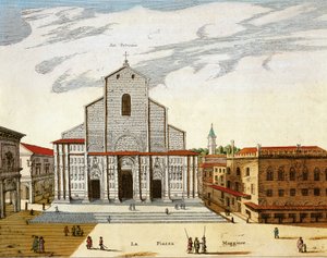 Italië, Bologna, San Petronio Kathedraal in Venetië, prent door Joan Blaeu