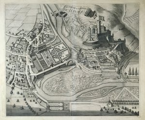 Italië, Dolceacqua, het dorp Dolceacqua (Imperia) uit Theatrum Regiae Celsitudinis Sabaudiae door Joan Blaeu