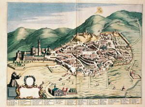Kaart van Assisi uit Theatrum civitatum et admirandorum Italiae, door Joan Blaeu, gravure door Joan Blaeu