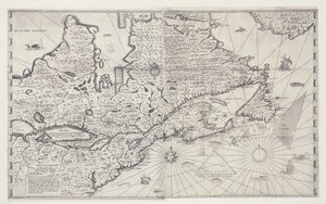 Kaart van Canada, gravure van onderzoek door Samuel de Champlain door Joan Blaeu