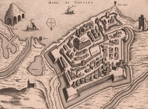 Kaart van Nettuno, Lazio, Italië, kopergravure, ca. 248x198 cm door Joan Blaeu