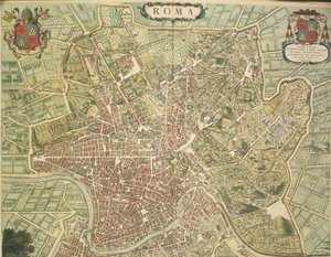 Kaart van Rome, gravure uit Theatrum civitatum et admirandorum Italiae door Joan Blaeu, gedrukt in Italië door Joan Blaeu