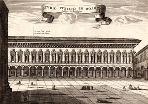 Het Archiginnasio Paleis, Bologna, Emilia-Romagna, Italië, kopergravure door Joan Blaeu