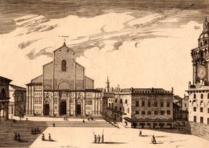De San Petronio Basiliek op Piazza Maggiore, Bologna, Emilia-Romagna, Italië, kopergravure door Joan Blaeu