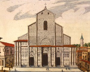 De basiliek van San Petronio in Bologna, prent uit Theatrum Civitatum et Admirandorum Italiae, Italië door Joan Blaeu