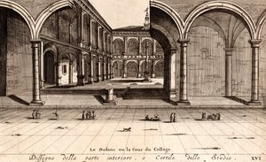 De binnenplaats van het Archiginnasio Paleis, Bologna, Emilia-Romagna, Italië, kopergravure, ca 21x29 cm
