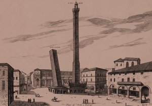De twee torens (Asinelli en Garisenda), Bologna, Emilia-Romagna, Italië, kopergravure door Joan Blaeu