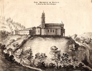 Uitzicht op het San Michele in Bosco Klooster, Bologna, Emilia-Romagna, Italië, kopergravure, ca. 21x29 cm door Joan Blaeu