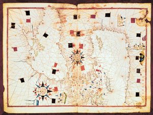 Kaart van het oostelijke deel van de Middellandse Zee en de Zwarte Zee, manuscript van een 16e-eeuwse portolaanatlas (manuscript) door Joan Martines