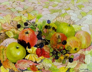 Appels en bramen op herfstbladeren