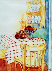 Cottage keukentafel met appels, 2005 door Joan Thewsey