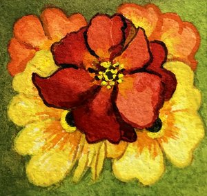 Vijf sleutelbloemen, rood, geel en oranje door Joan Thewsey