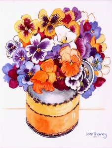 Viooltjes in een Midwinterkan, 2000, aquarel op handgemaakt papier door Joan Thewsey