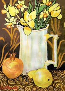 Tulpen en Narcissen in een Witte Kan, met Textiel, Granaatappel en Peer