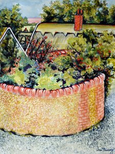 Uitzicht door de daken naar de velden, 2010 door Joan Thewsey