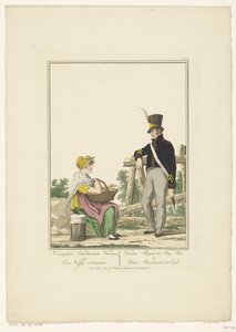 Staande soldaat met zittende koffieverkoopster (Koninglyke Nederlandsche veteraan, en eene koffy-verkoopster, Uniformen en klederdrachten)