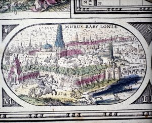 Voorstelling van de Zeven Wonderen van de Oudheid: de Tuinen van Babylon. in de Atlas van Jansson Jannsonius gedrukt in Amsterdam in 1630