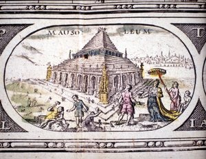 Voorstelling van de zeven wonderen van de oudheid: het Mausoleum van Halicarnassus. in de Atlas van Jansson Jannsonius gedrukt in Amsterdam in 1630. Privécollectie.