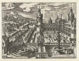 Kasteel met doolhof en fontein