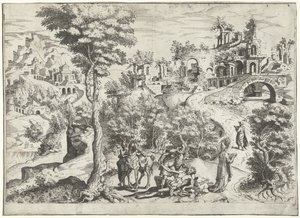 Landschap met de barmhartige Samaritaan door Joannes van Doetechum (I) (attributed to)