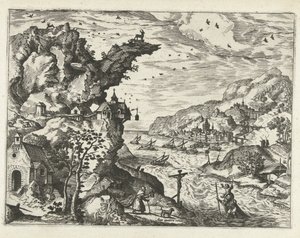 Landschap met de heilige Christoffel door Joannes van Doetechum (I) (attributed to)