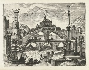 Stad met bebouwde brug door Joannes van Doetechum (I) (attributed to)