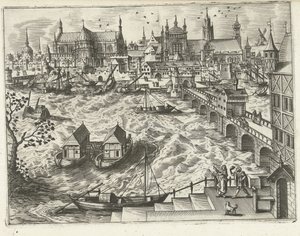 Stadsgezicht met brug en haven door Joannes van Doetechum (I) (attributed to)