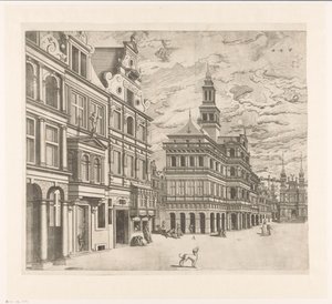 Gezicht op een plein met monumentale bouwwerken