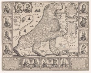 Kaart van de Zeventien Provinciën in de vorm van de Nederlandse leeuw