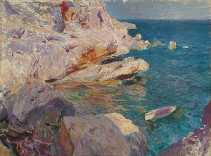 Rotsen van Jávea met witte boot door Joaquín Sorolla