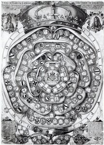 De Vereniging van de Rozen van de Families Lancaster en York, 1589 door Jodocus Hondius