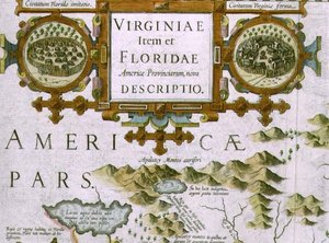 Titel cartouche en inzetstukken, detail van de kaart van North Carolina getiteld Virginiae item et Floridae, uit de Mercator Atlas... van 1606, uitgegeven door Jodocus Hondius, 1619