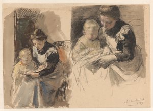 Twee studies van een dienstmeid die een jongetje aan haar schoot leert lezen