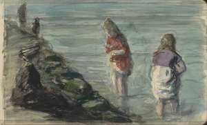 Vrouw met twee kinderen langs de waterkant
