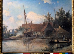 Nederlands landschap met een groot schip dat wordt gekalefaterd door Johan Barthold Jongkind