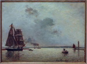 Ingang van de haven van Honfleur bij zonsopgang door Johan Barthold Jongkind