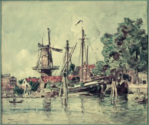 In Holland, de boten bij de molen door Johan Barthold Jongkind