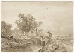 Landschap met een brug met daarop een hooiwagen door Johan Barthold Jongkind