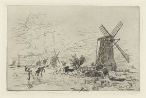 Landschap met molens en schaatsers door Johan Barthold Jongkind