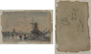 Gezicht op Arnhem (recto) Studies van een Stier (verso) door Johan Barthold Jongkind