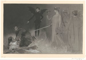 Chamberlain, als de duivel, en Kitchener in een politieke allegorie op de oorlog in Transvaal