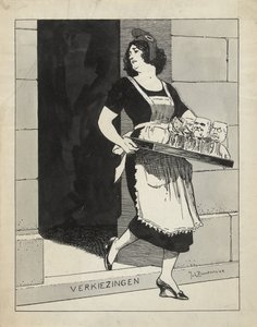Ontwerp voor illustratie in De Amsterdammer: De Nederlandse Maagd als dienstmeid met een blad glazen struikelt over het afstapje Verkiezingen (17 Mei 1924)