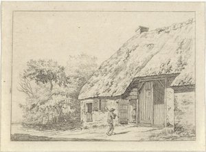 Man met een spade bij een boerderij