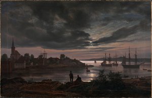 Noors:  Larvik haven bij maanlicht Larvik bij maanlicht door Johan Christian Dahl