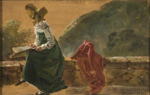 Prinses Caroline Amalie tekent in Napels. Studie door Johan Christian Dahl