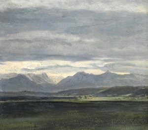 Studie van een landschap met poederblauwe lucht boven bergen