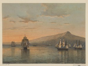 Gezicht op de ankerplaats bij Anjer op Java, noordkust van Java (residentie Bantam) door Johan Conrad Greive
